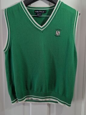 Nautica Green V-Neck Sweater Vest with White Trim